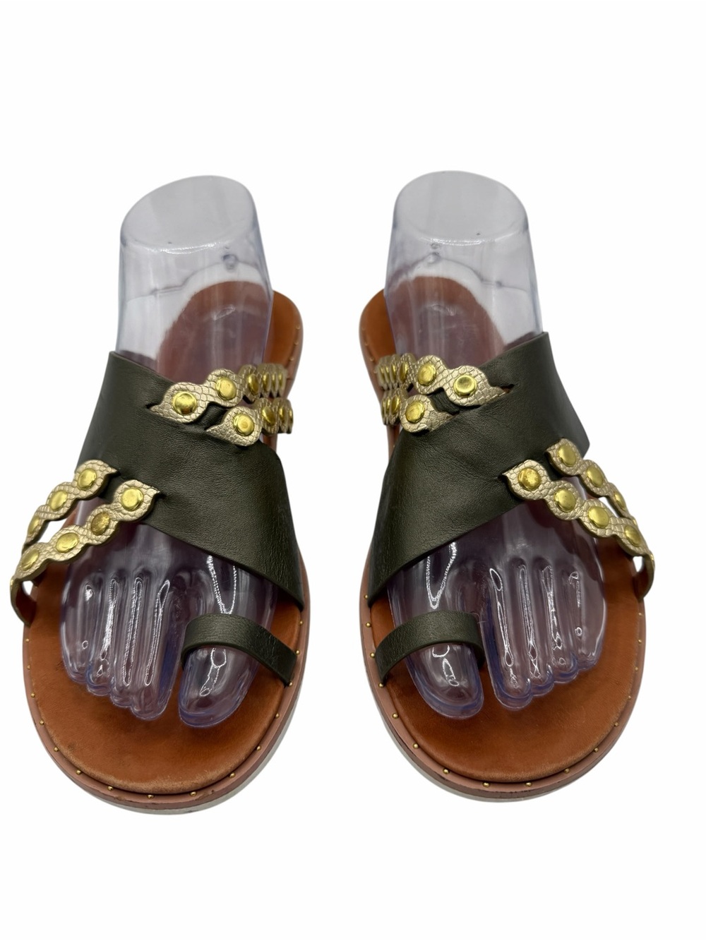 Fitflop Olive Green Leather Slide Sandals with Gold Stud Accents - Size 8